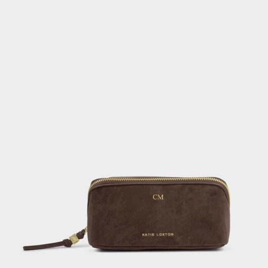Katie Loxton Personalised Faux Suede Fold-Out Make-Up Bag with Mirror Chocolate