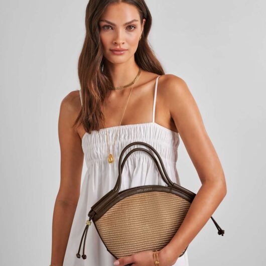Katie Loxton Raffia Woven Top Handle Tote Grab Bag Chocolate