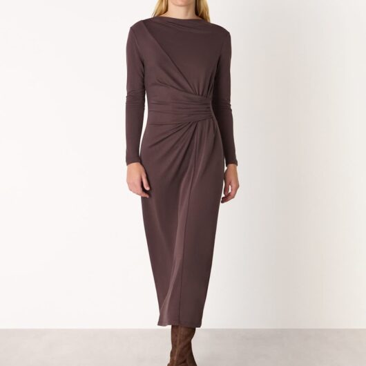 Whistles Jersey Ruched Midi Waisted Dress Chocolate