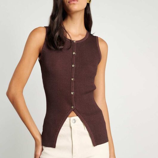 Jag Ribbed Button Through Longline Vest Top Chocolate