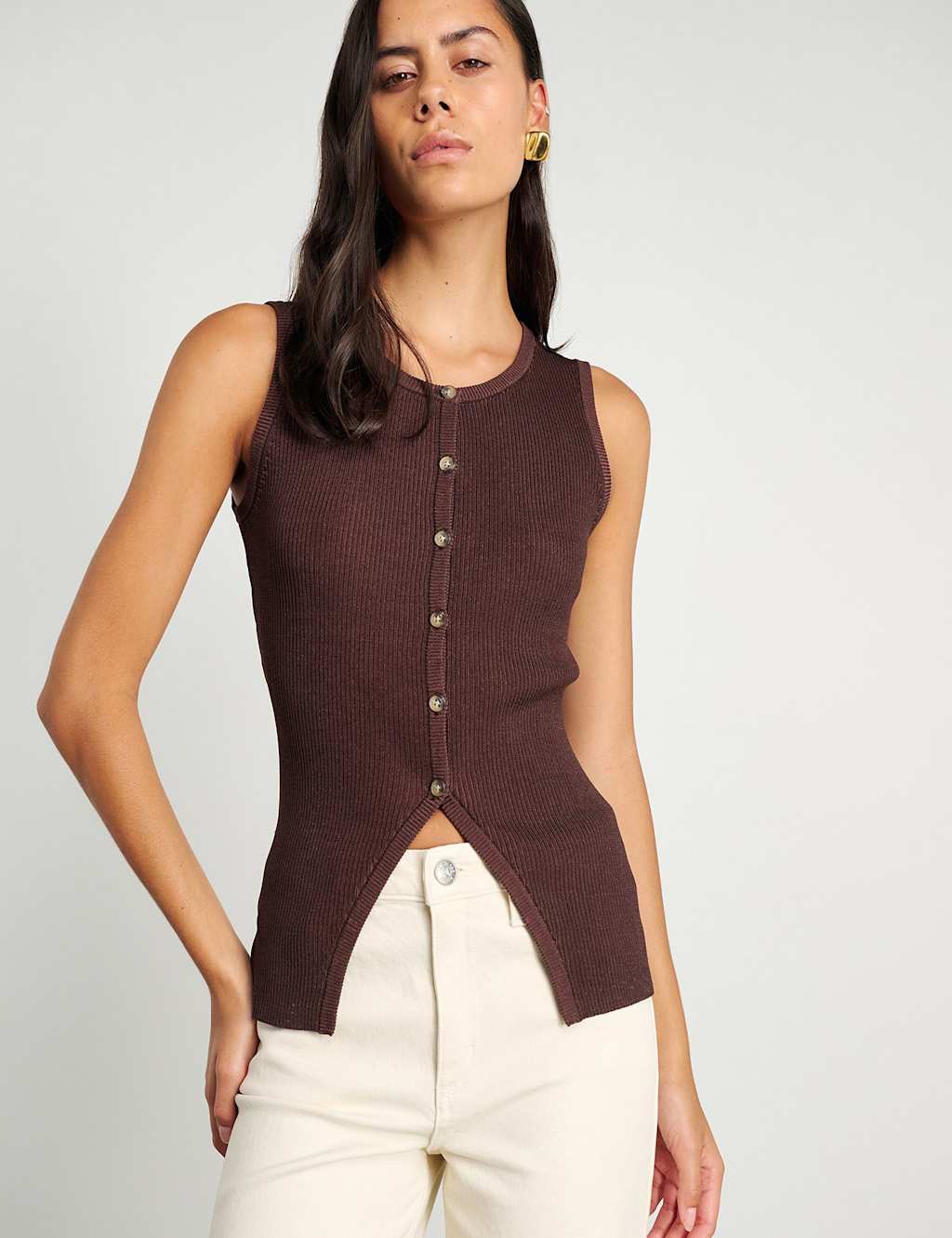 Jag Ribbed Button Through Longline Vest Top Chocolate