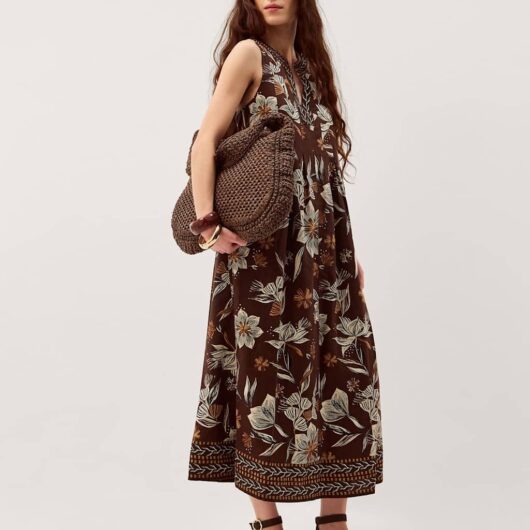 Monsoon Linen Rich Floral V-Neck Midi Shift Dress Chocolate