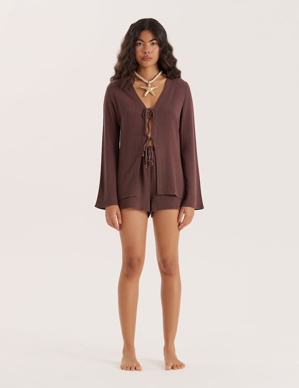 4th & Reckless Tie Front Beach Shirt with Linen Chocolate