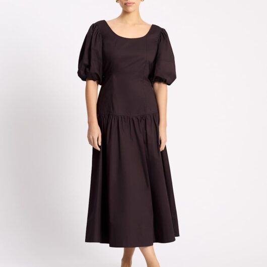 Albaray Pure Cotton Sateen Puff Sleeve Neck Midi Dress Chocolate