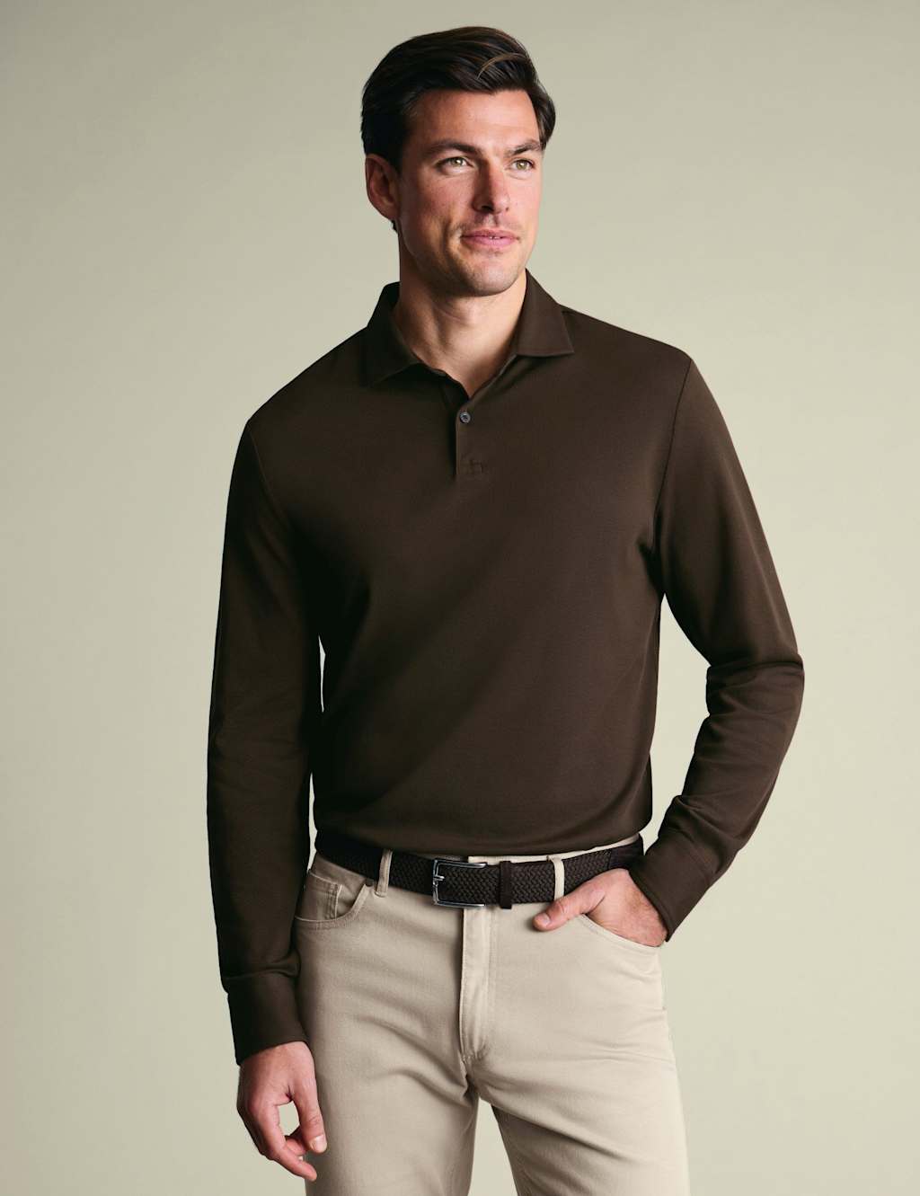 Charles Tyrwhitt Cotton Rich Pique Long Sleeve Polo Shirt Chocolate