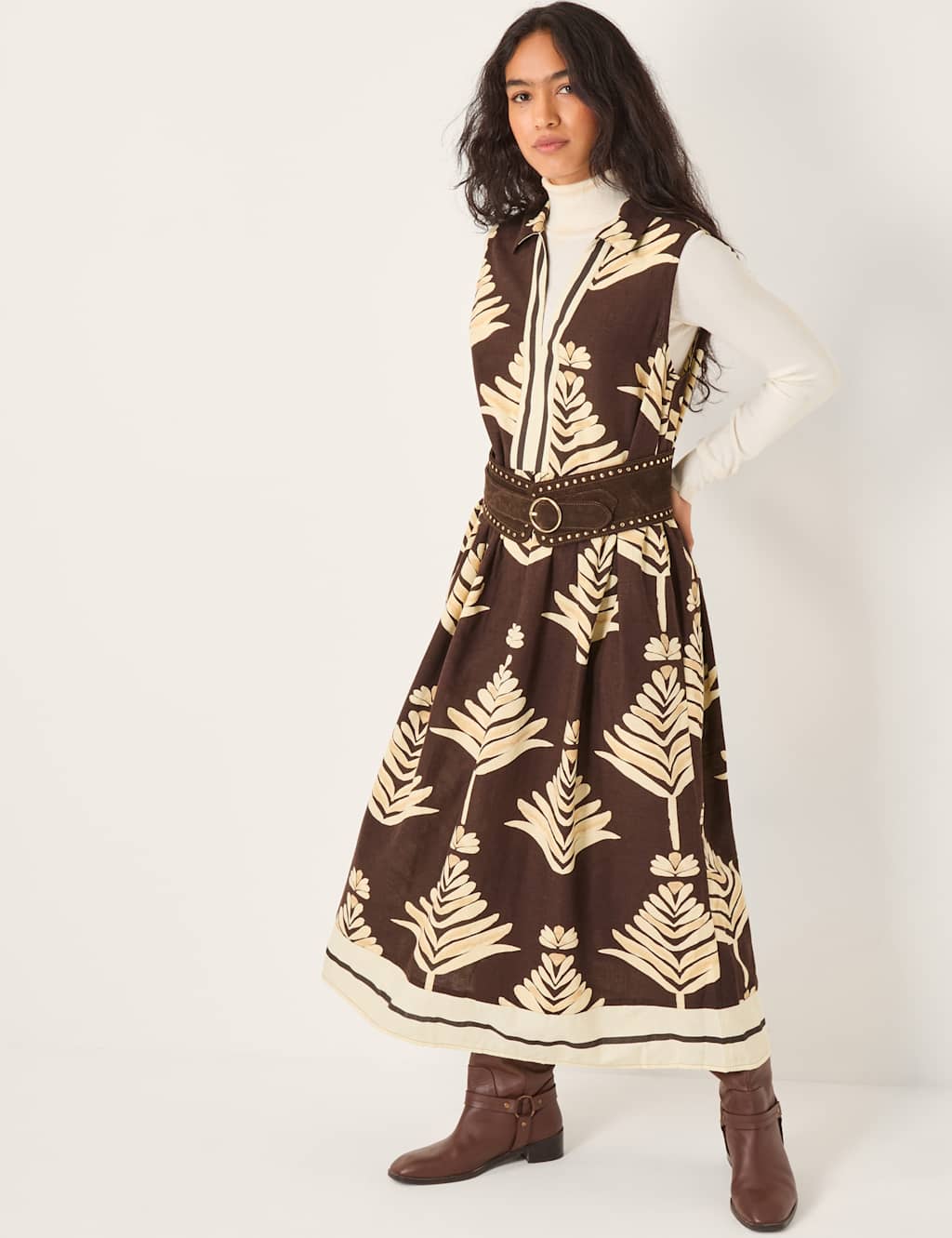 Monsoon Leaf Print Midi Waisted Dress with Linen Chocolate
