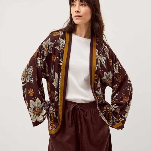 Monsoon Linen Rich Floral Open Front Cardigan Chocolate