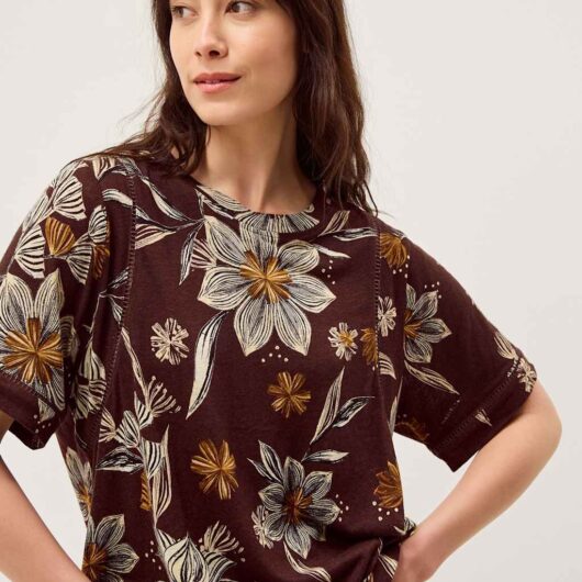 Monsoon Linen Rich Floral T-Shirt Chocolate
