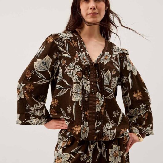Monsoon Linen Rich Floral V-Neck Tie Detail Blouse Chocolate