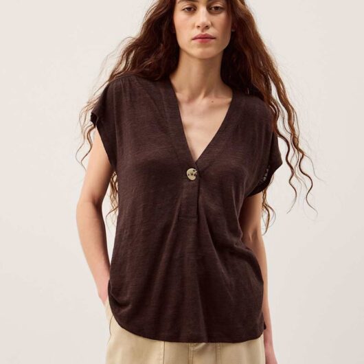 Monsoon Linen Rich V-Neck Button Detail T-Shirt Chocolate