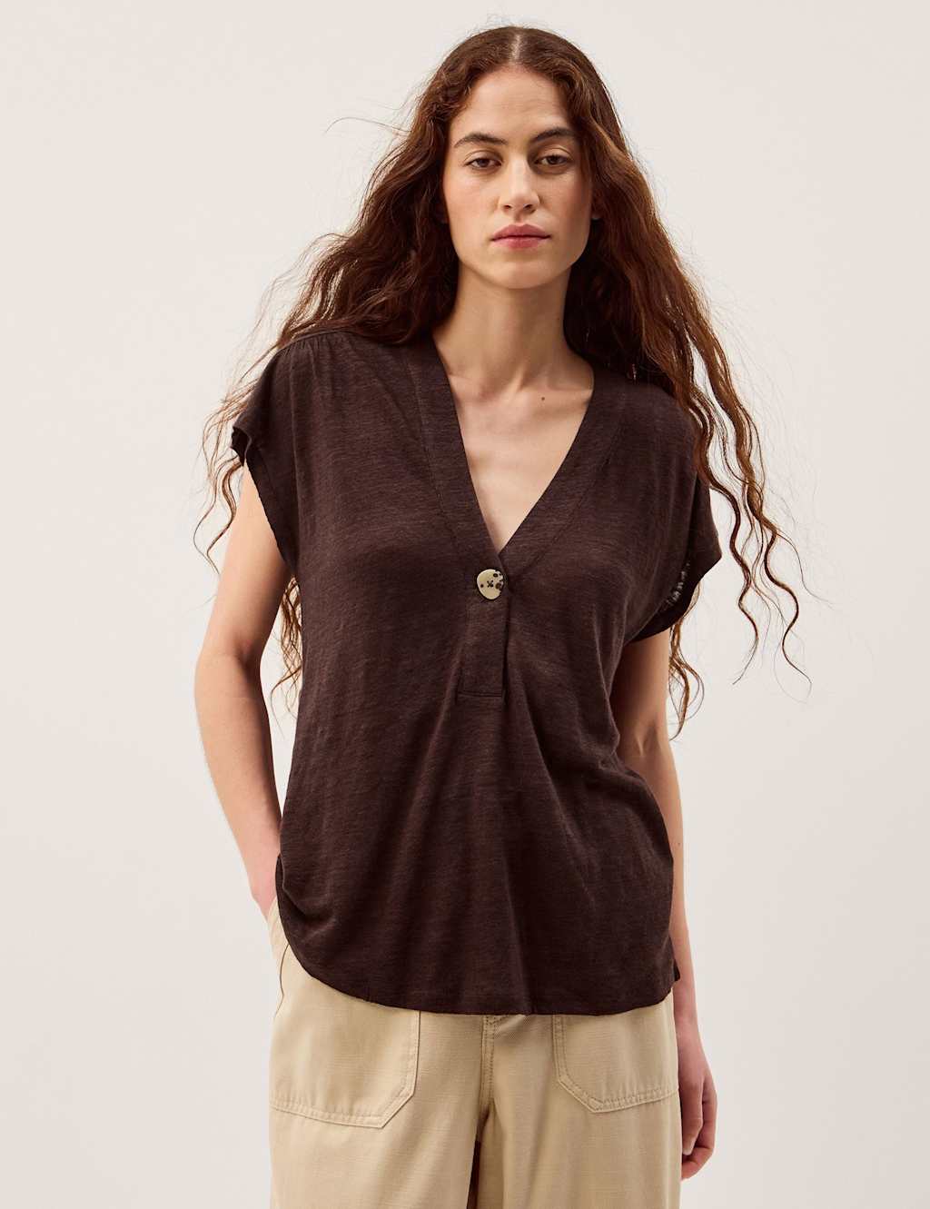 Monsoon Linen Rich V-Neck Button Detail T-Shirt Chocolate