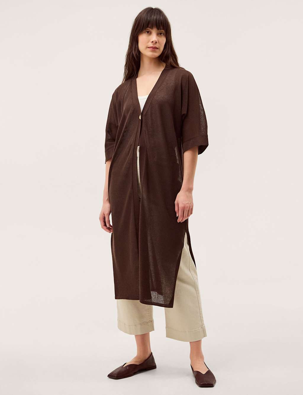 Monsoon Longline Short Sleeve Cardigan with Linen Chocolate