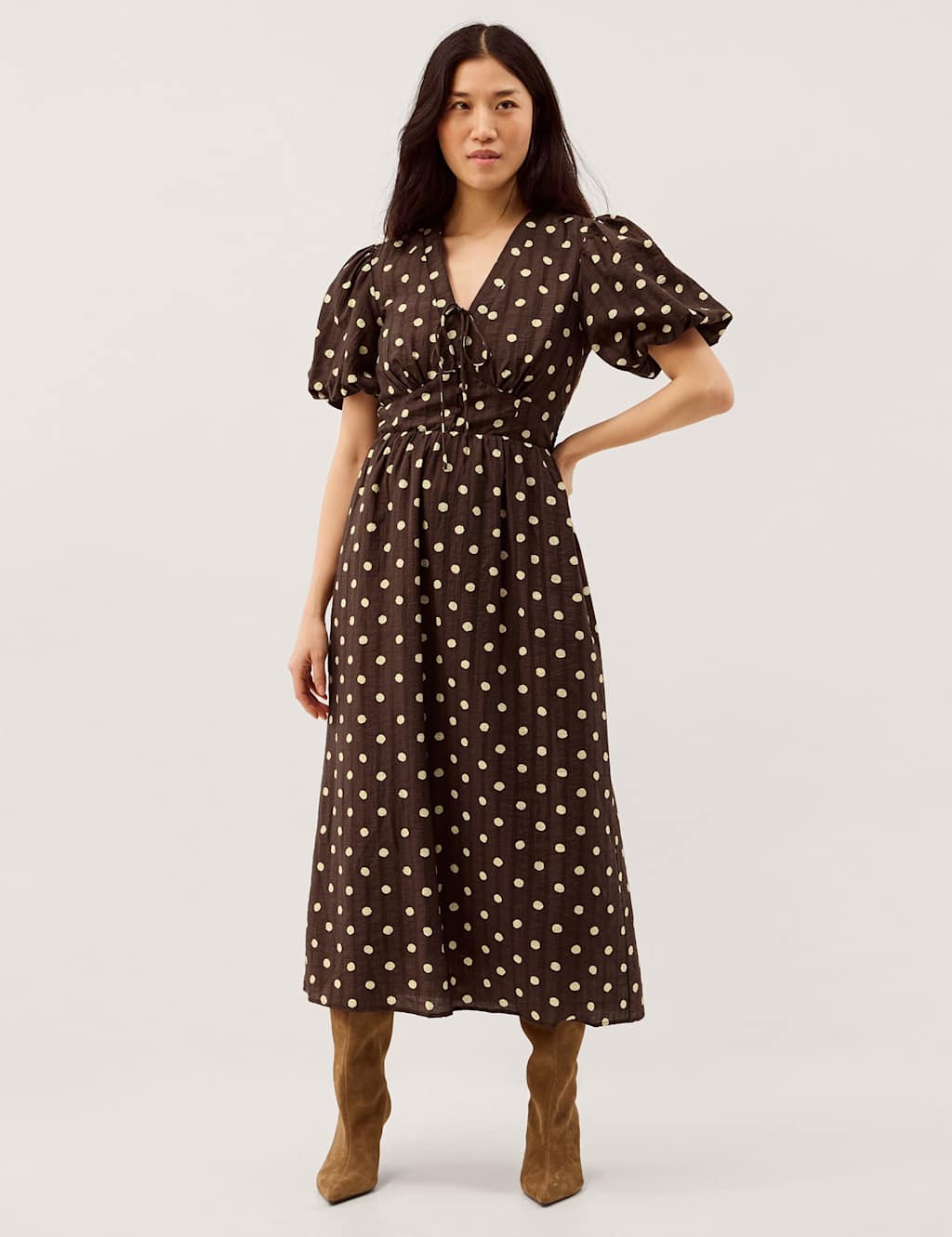 Monsoon Lyocell Blend Polka Dot Midi Waisted Dress Chocolate
