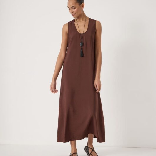 HUSH Cotton Rich Scoop Neck Midi Waisted Dress Chocolate