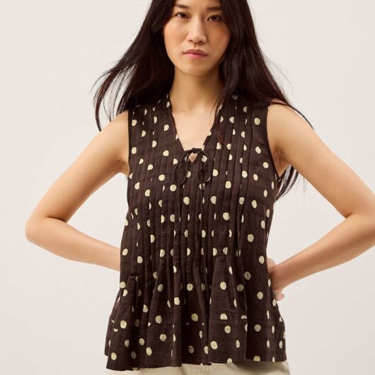 Monsoon Lyocell Blend Polka Dot Tie Neck Top Chocolate