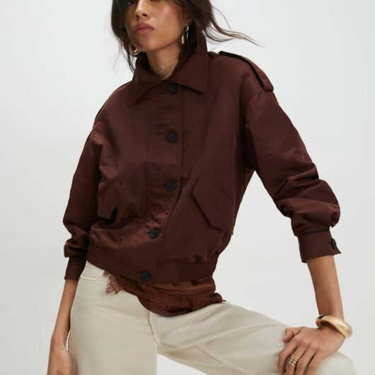 River Island Nylon Button Front Jacket Chocolate