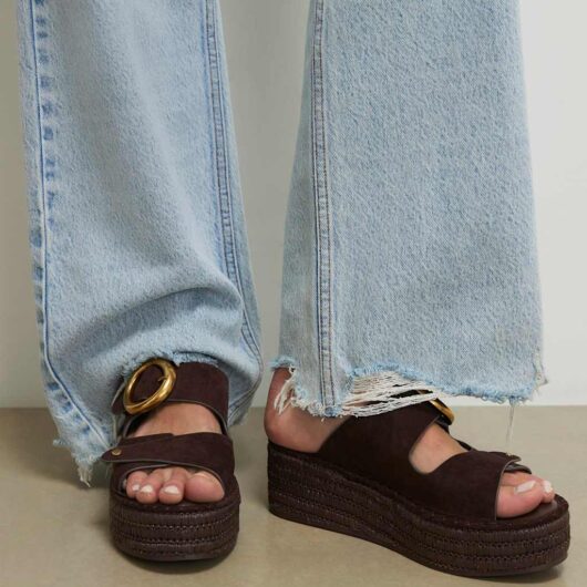 River Island Wide Fit Buckle Flatform Wedges Chocolate