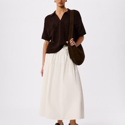 Whistles Pure Cotton Open Knit Polo Top Chocolate