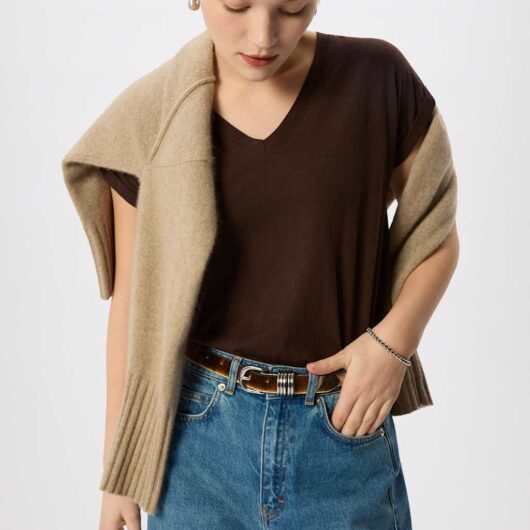 Whistles Pure Cotton V-Neck Cap Sleeve T-Shirt Chocolate